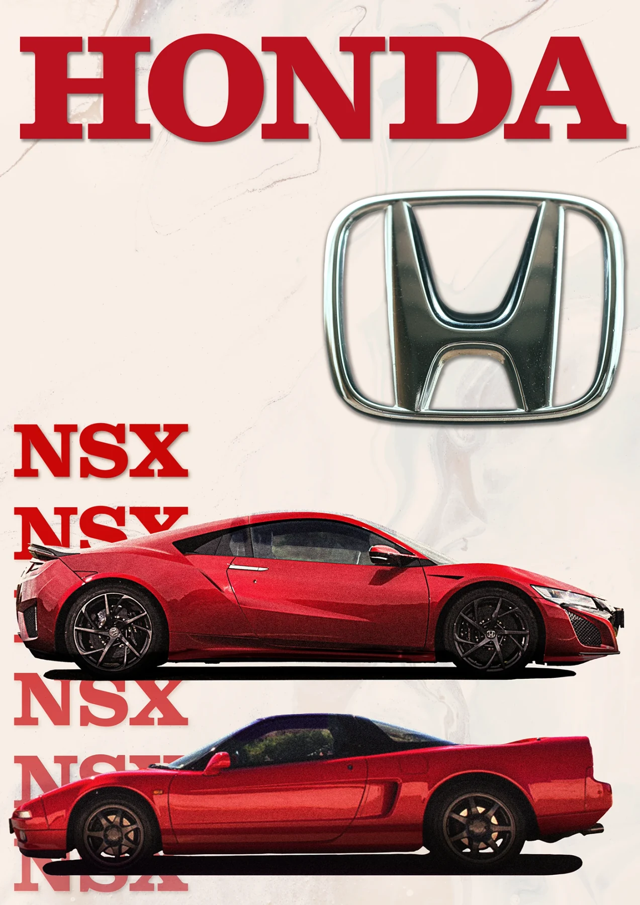 Honda NSX poster with red cars, bold Honda lettering and repeated NSX typography.