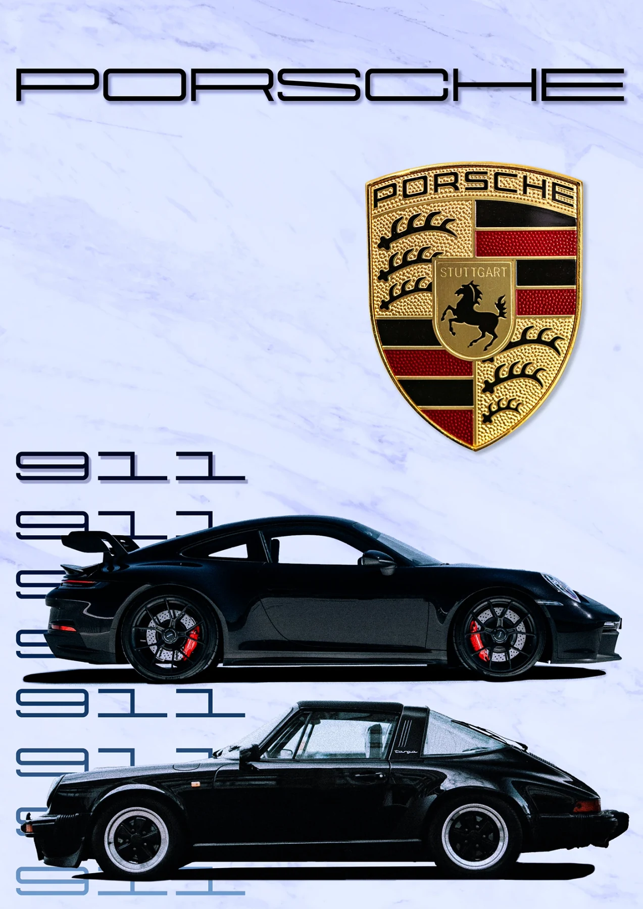 Porsche 911 poster with two black cars, repeated lettering and the Porsche crest.