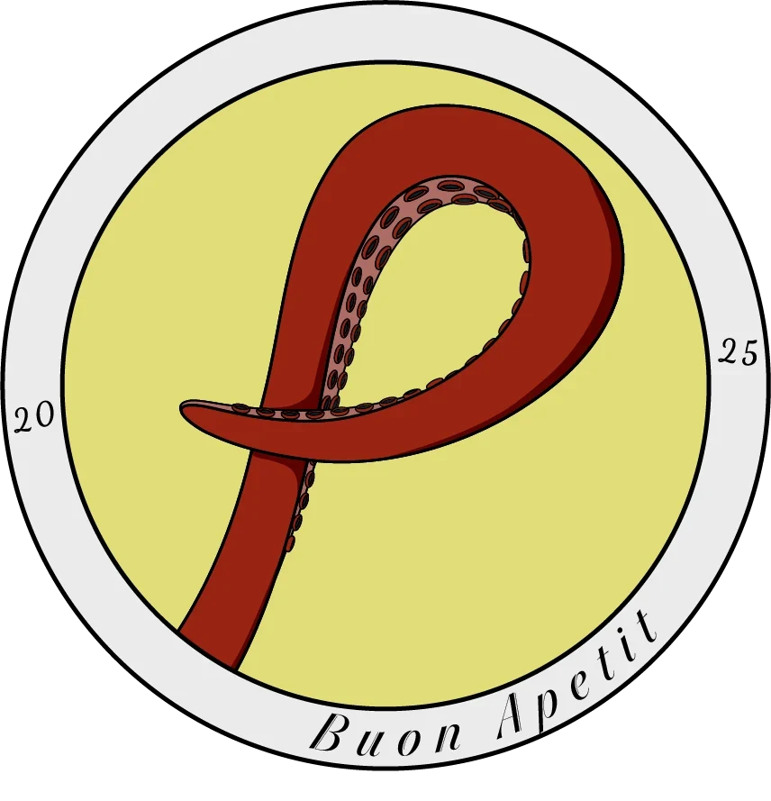 Circular Polpo badge with a red tentacle-inspired P and Buon Appetit lettering.
