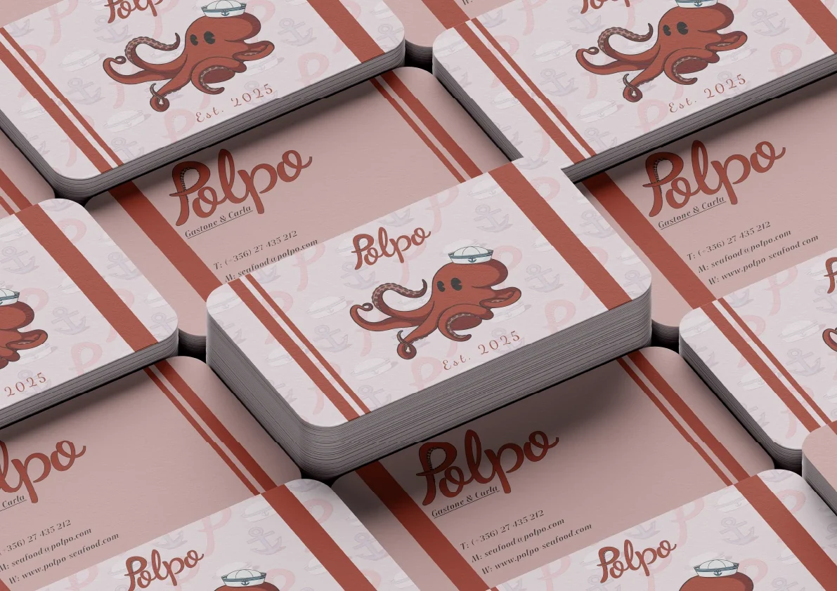 Polpo restaurant concept applied to illustrated business-card mockups.