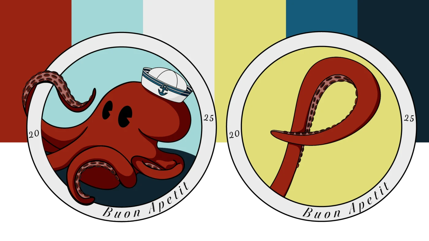 Polpo octopus and letter P badges alongside the restaurant concept colour palette.