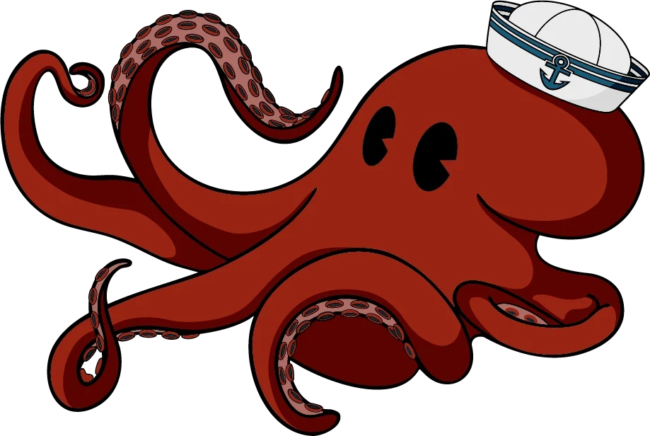 Red octopus mascot wearing a sailor hat for the Polpo restaurant concept.
