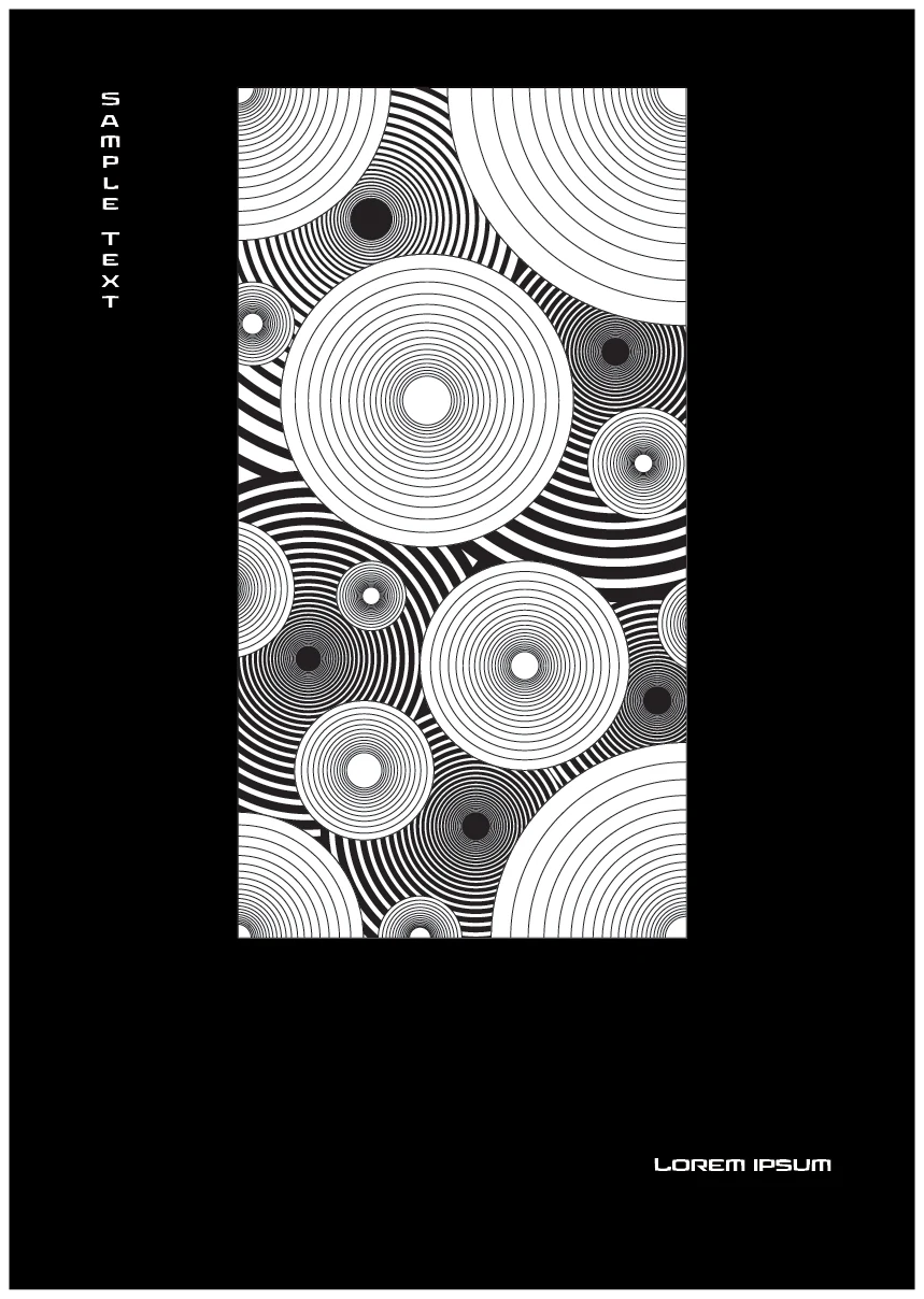 Black-and-white geometric poster study with concentric circles and typographic experiments.