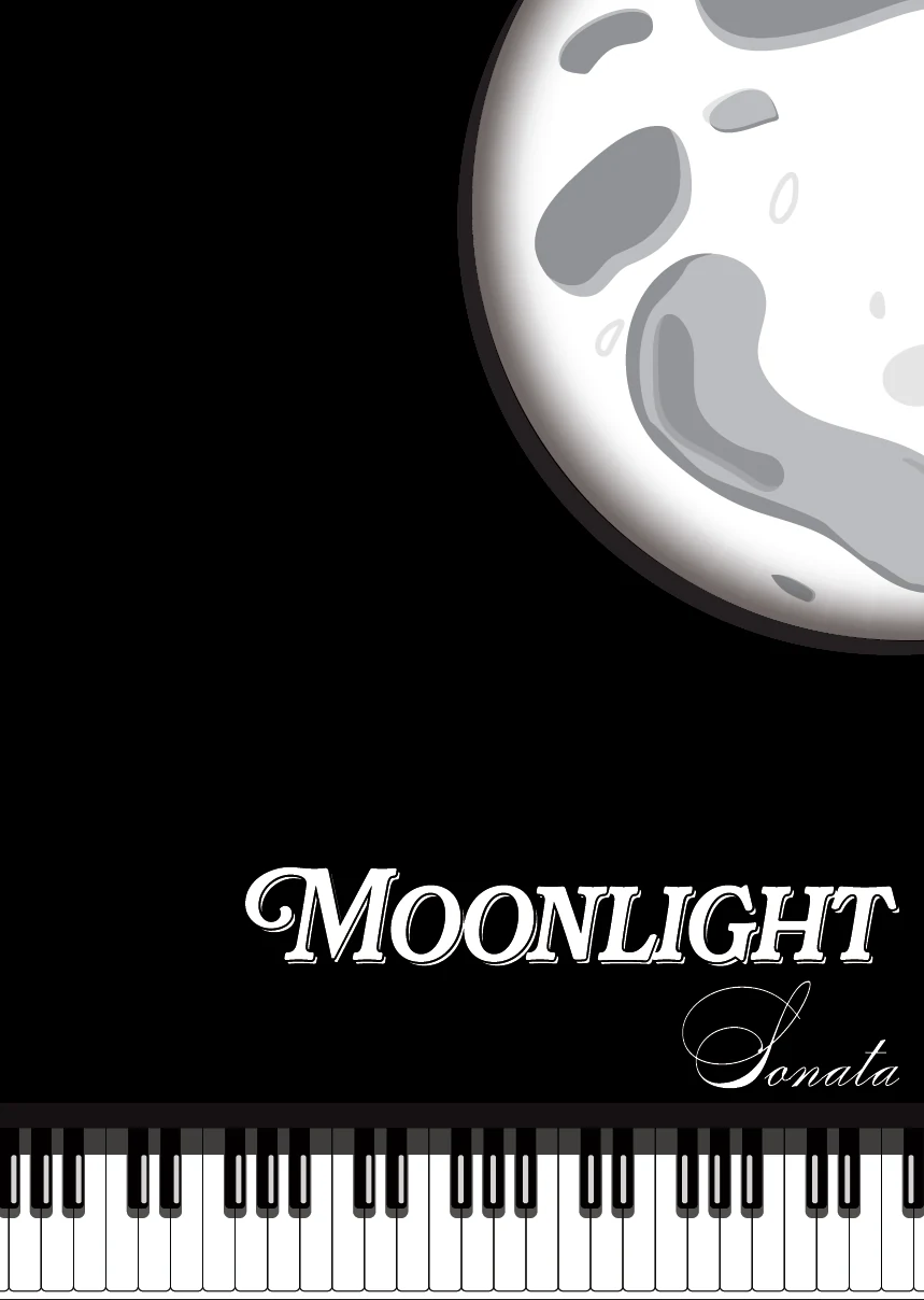 Moonlight Sonata poster study with a grey moon and piano keys against black.