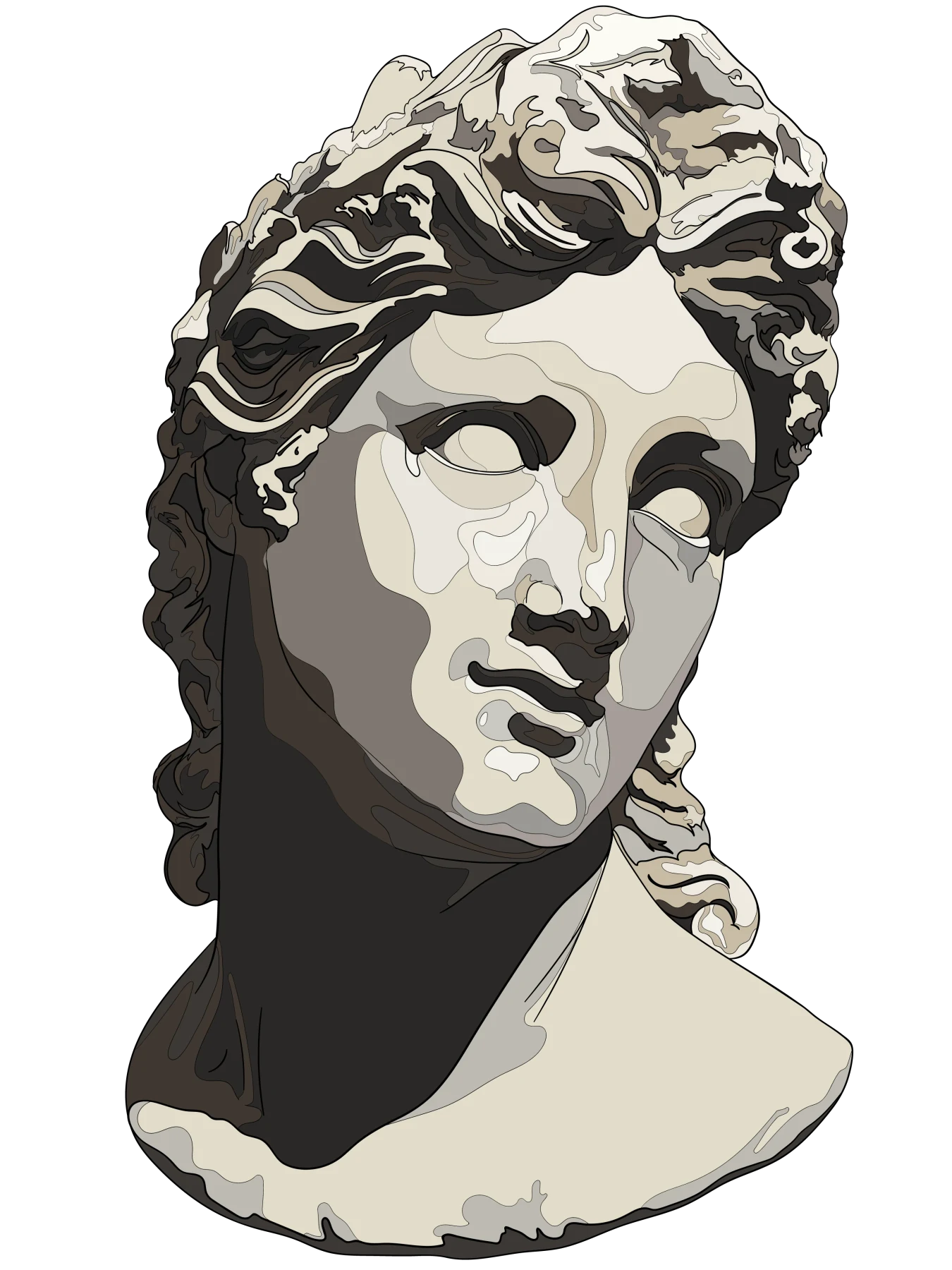 Classical sculpted head illustrated with layered cream, grey and charcoal shapes.