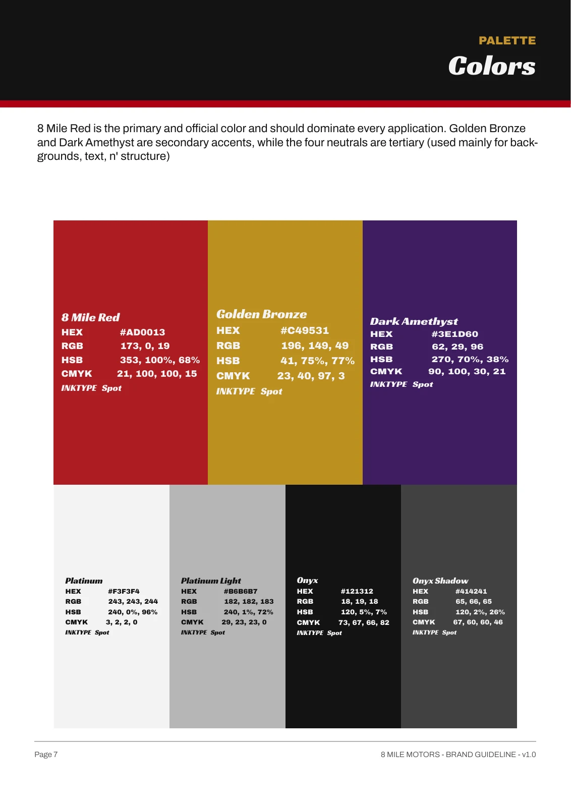 8 Mile Motors brand palette with red, bronze, purple and neutral colour specifications.