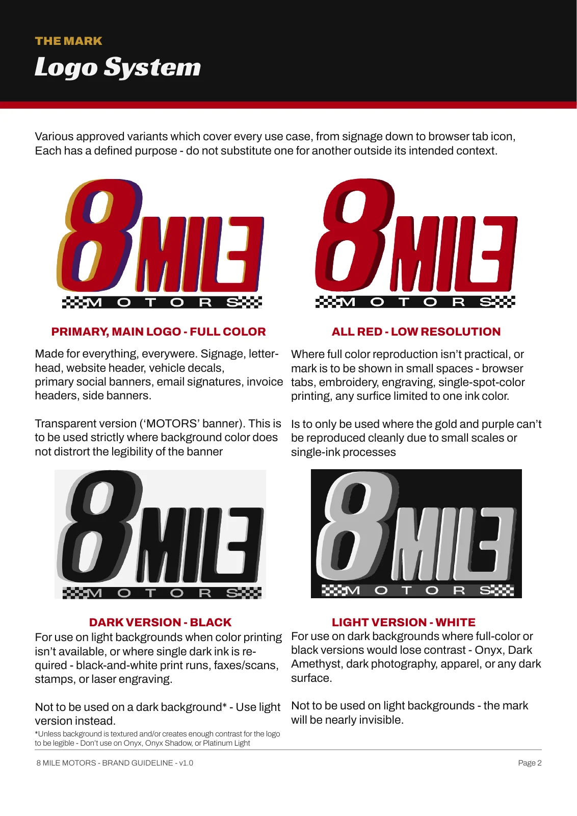 Brand guideline page showing primary, red, black and white 8 Mile Motors logo variants.