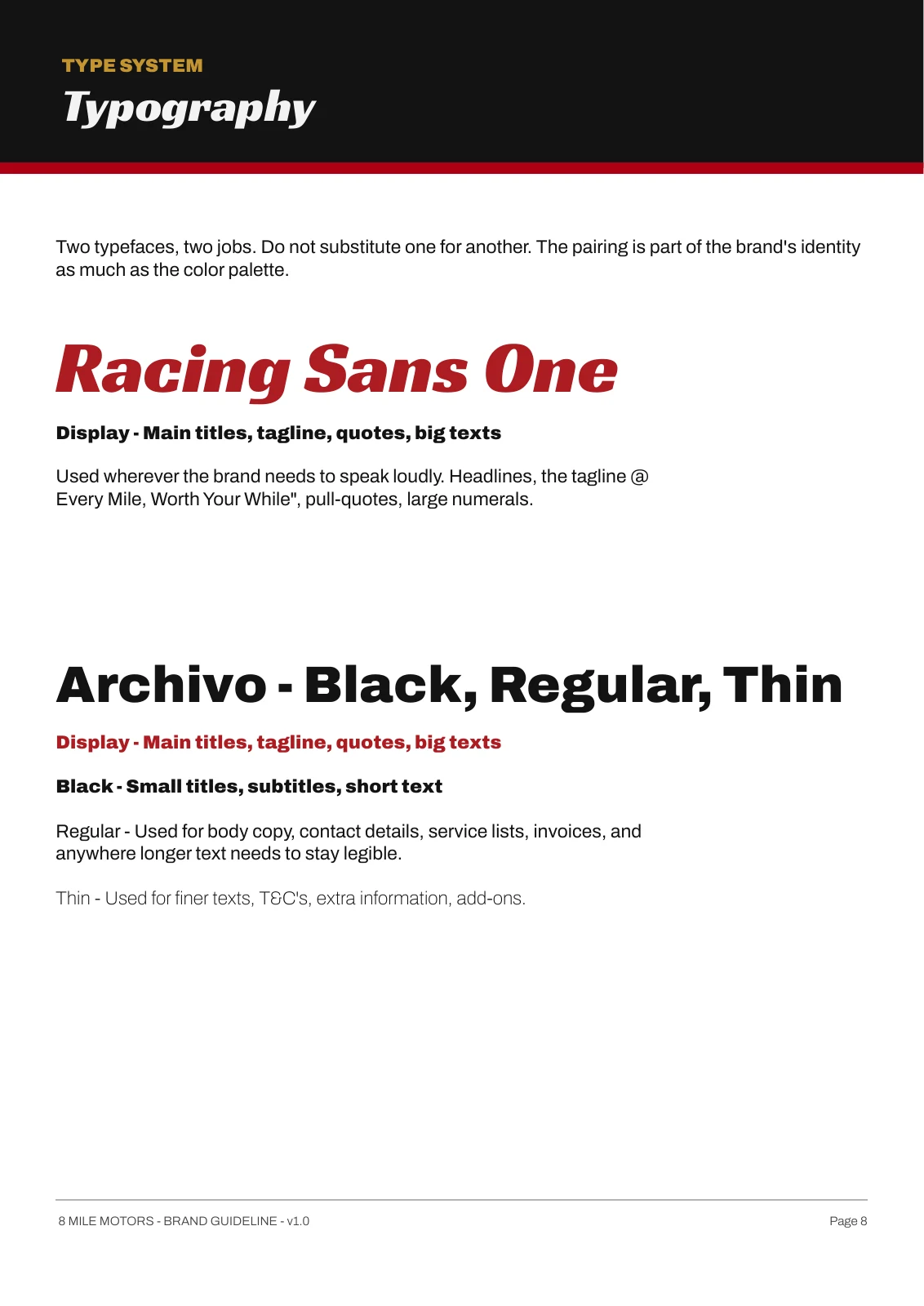 Typography guidelines pairing Racing Sans One with Archivo.