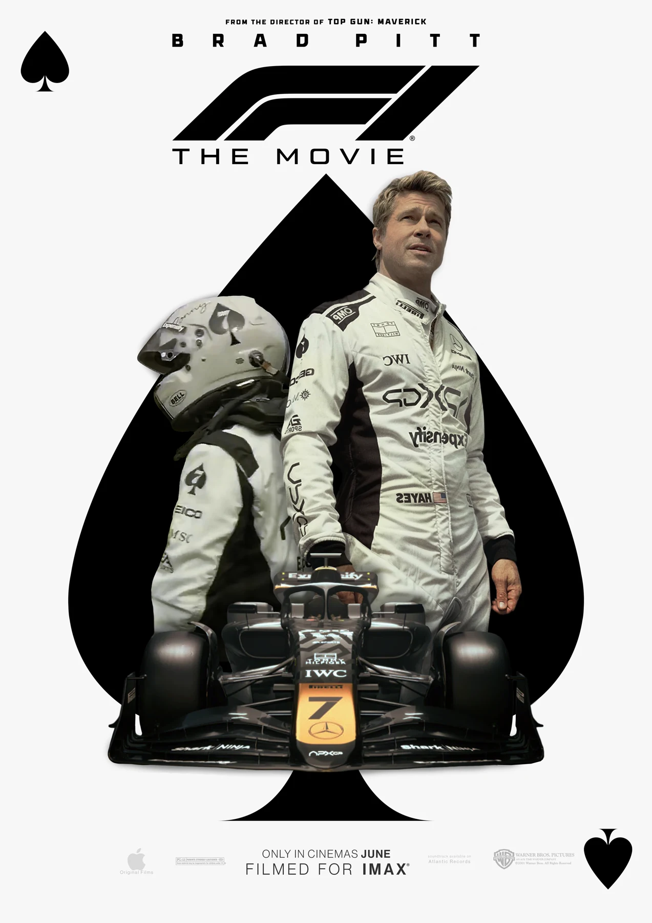 F1 film poster study with Brad Pitt, a racing car and a black ace-of-spades composition.