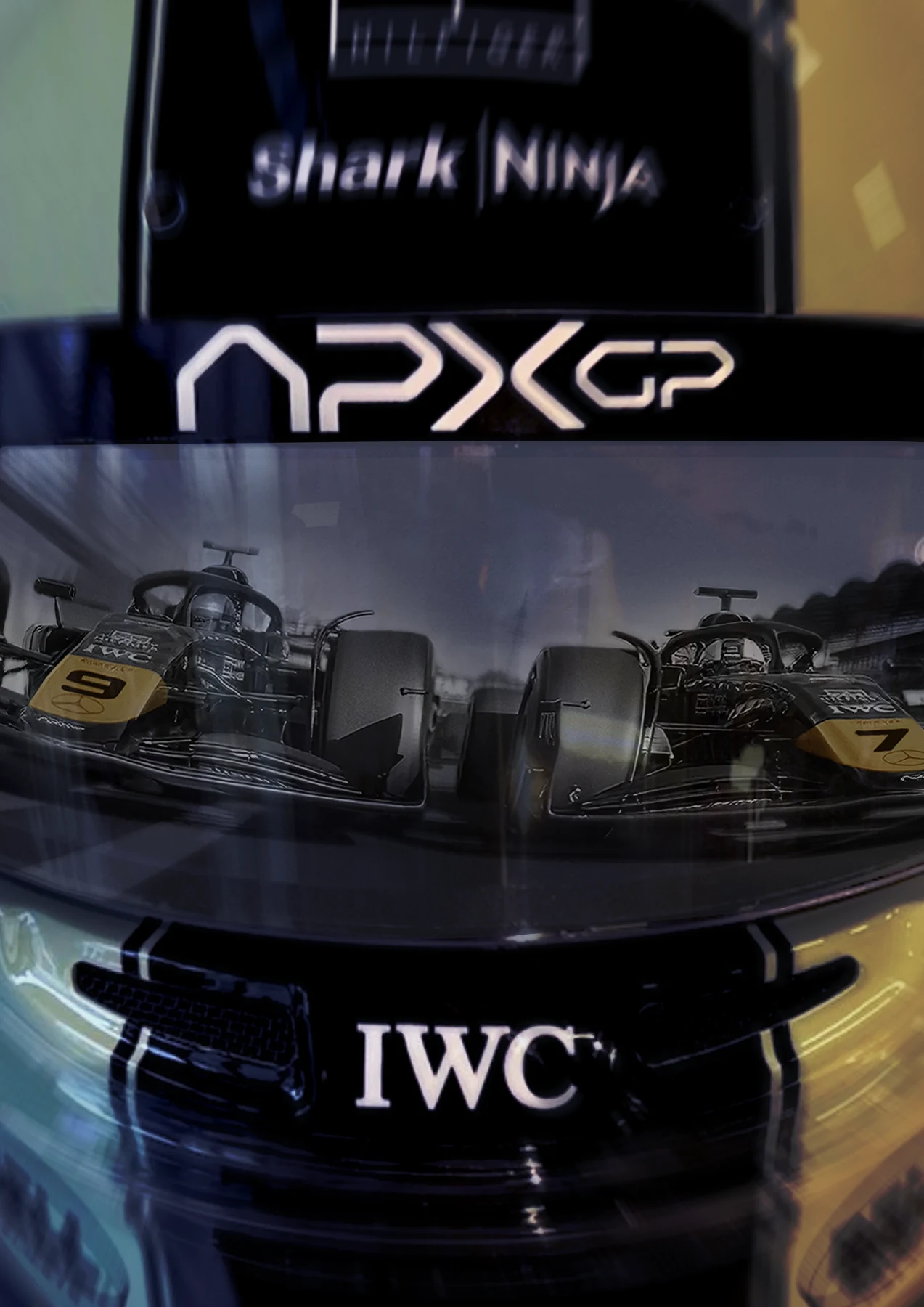 F1 poster composition layering two racing cars over a close-up of a driver’s helmet.
