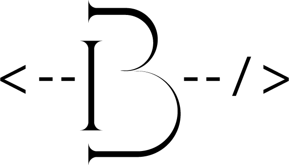 Black IB monogram with the I integrated into the B, flanked by coding punctuation.