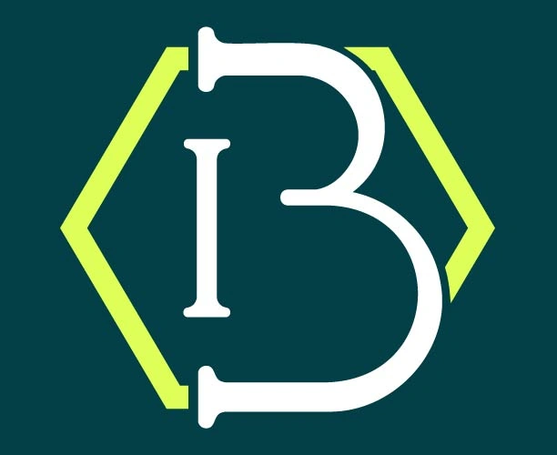 White IB monogram within a lime angular frame on a dark teal background.