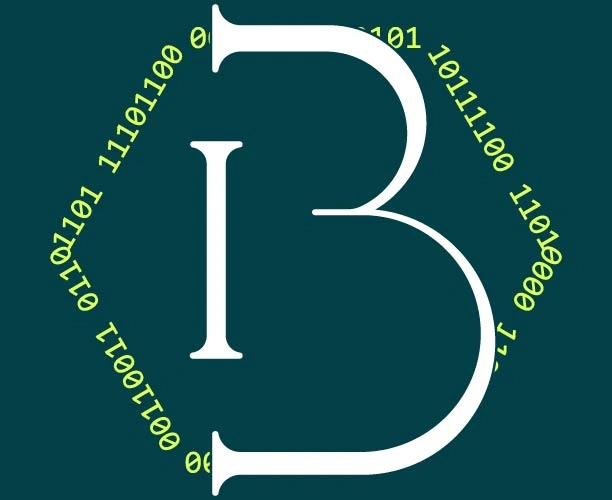 White IB monogram framed by lime binary digits on a dark teal background.