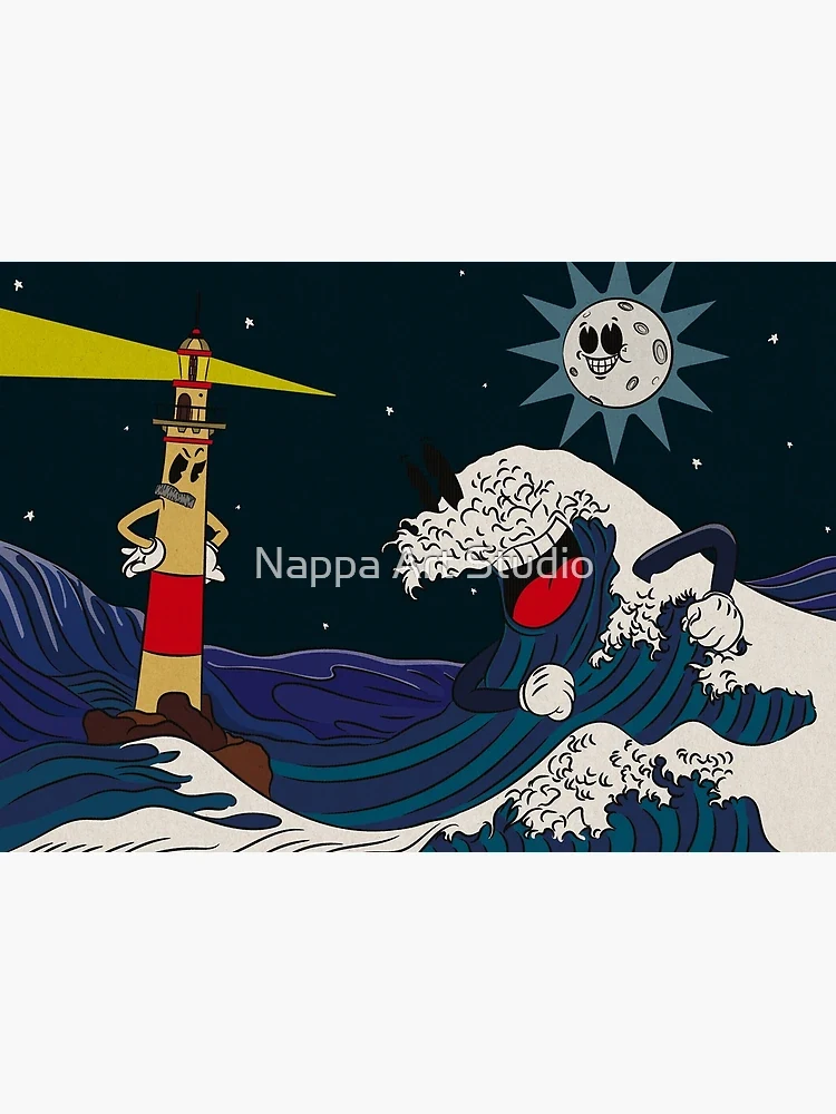 Illustrated lighthouse, smiling wave and moon against a dark night sky.