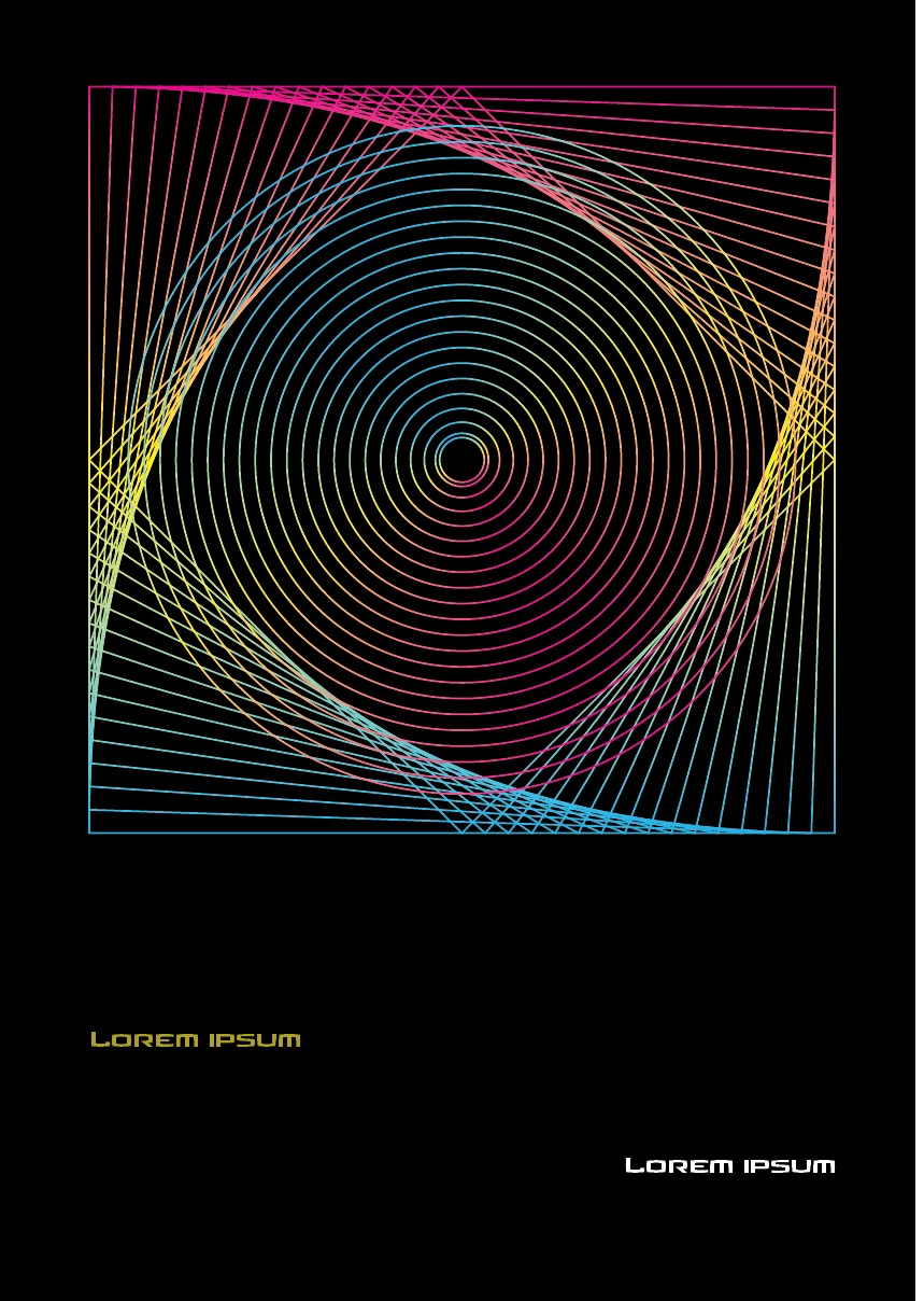 Geometric poster study with overlapping multicoloured square outlines on black.