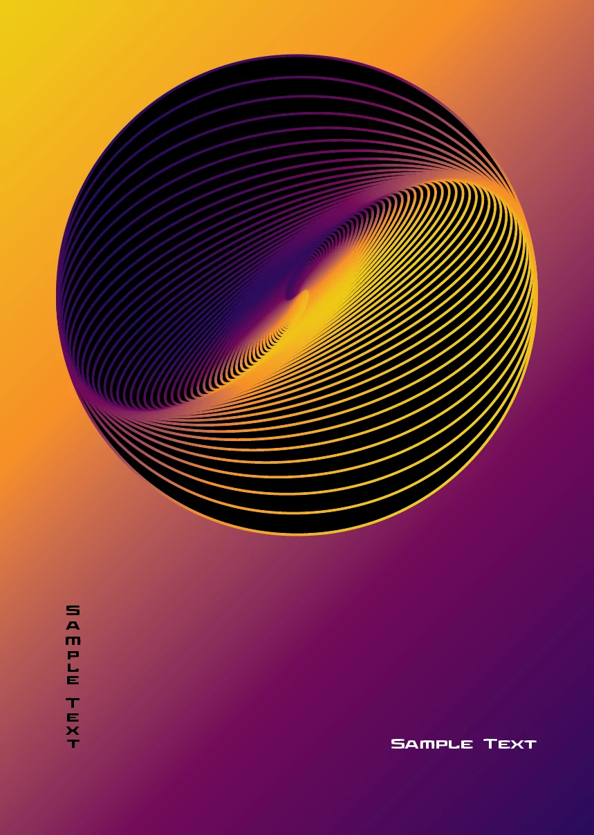 Geometric poster study with curved yellow and purple lines over a warm gradient.