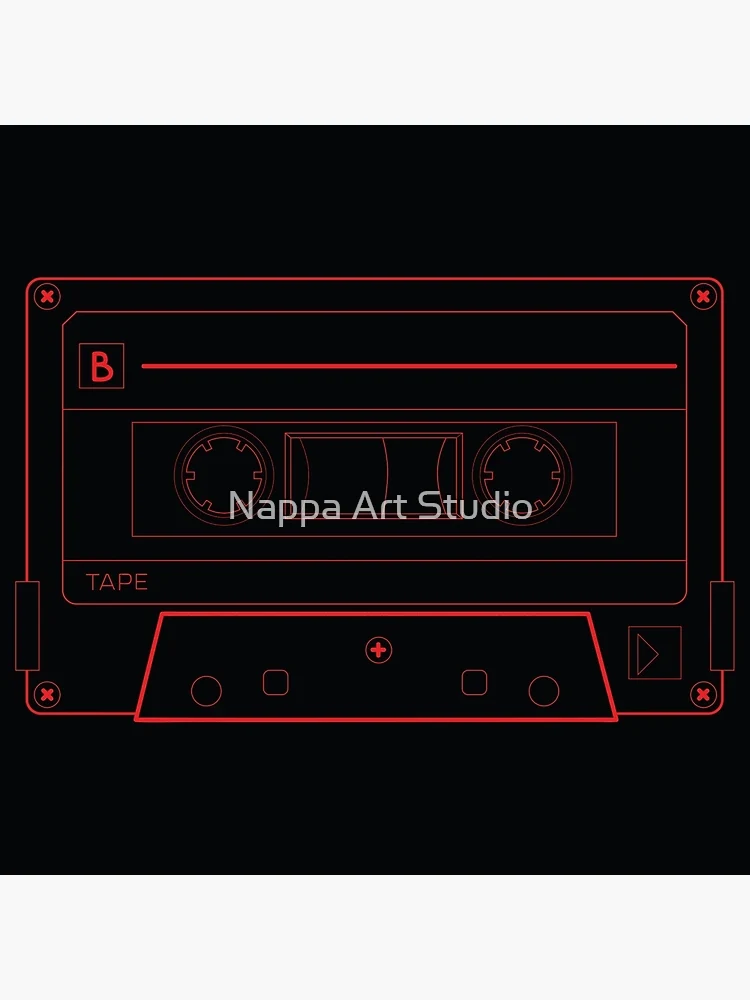 Red line drawing of a cassette tape on a black background.