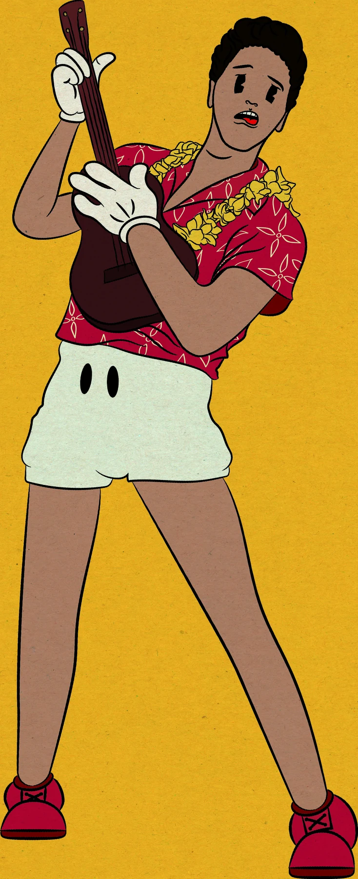 Full-length cartoon Elvis playing a small guitar, wearing a red patterned shirt and white shorts against yellow.