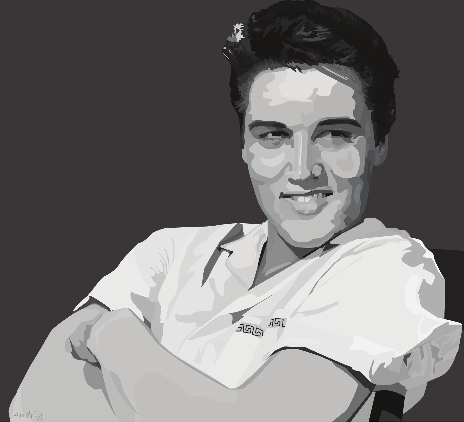 Monochrome illustrated portrait of Elvis Presley smiling with folded arms.