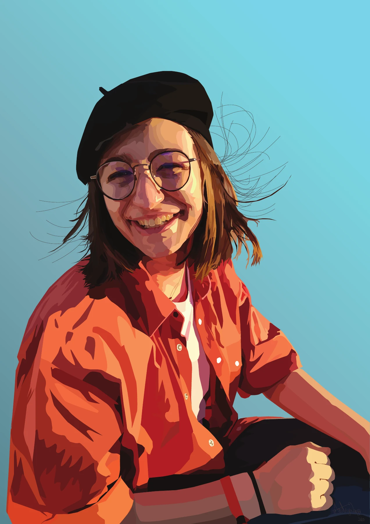 Portrait illustration of a woman wearing glasses, a black beret and a red shirt against blue.