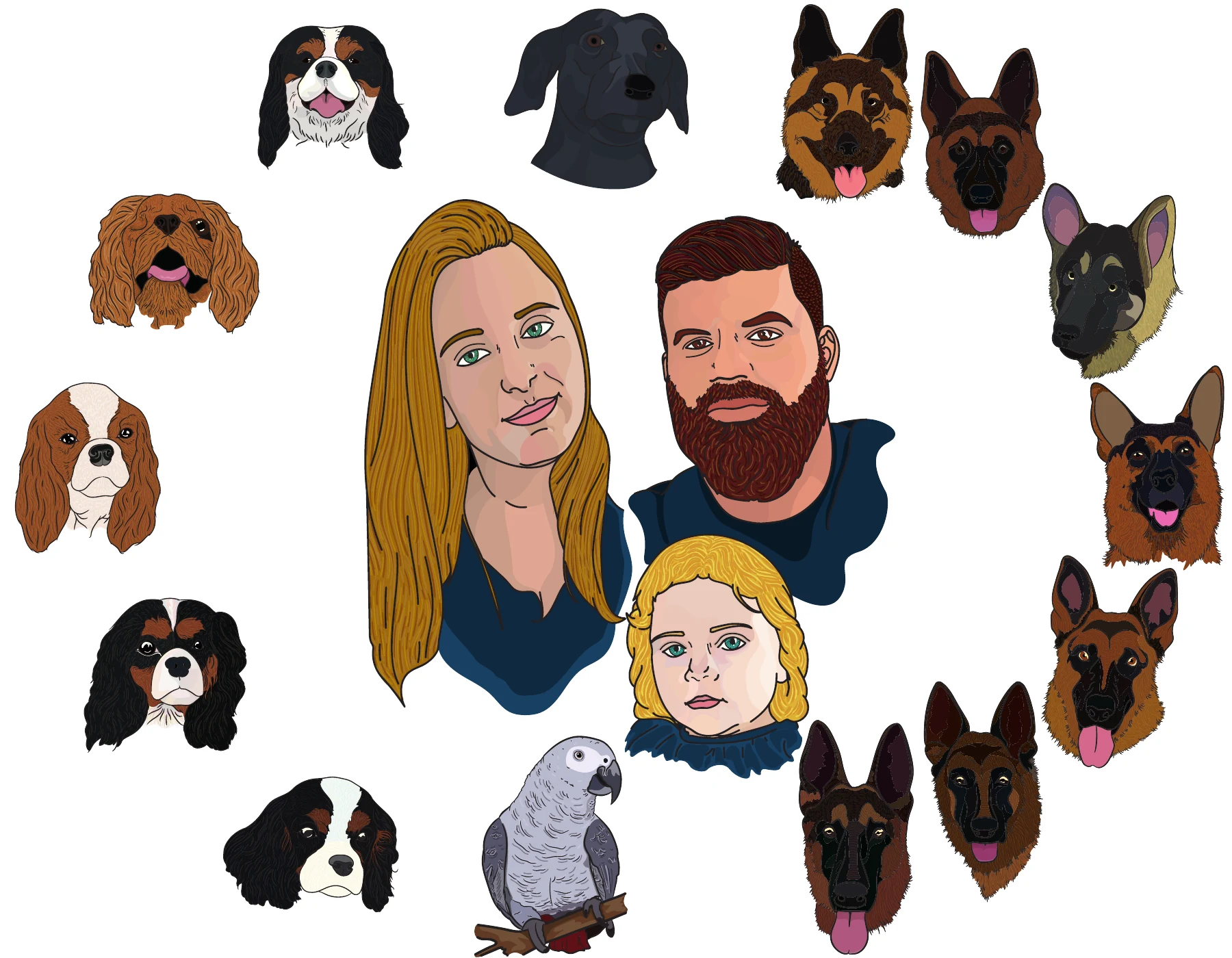 Illustrated family group surrounded by portraits of dogs on a white background.
