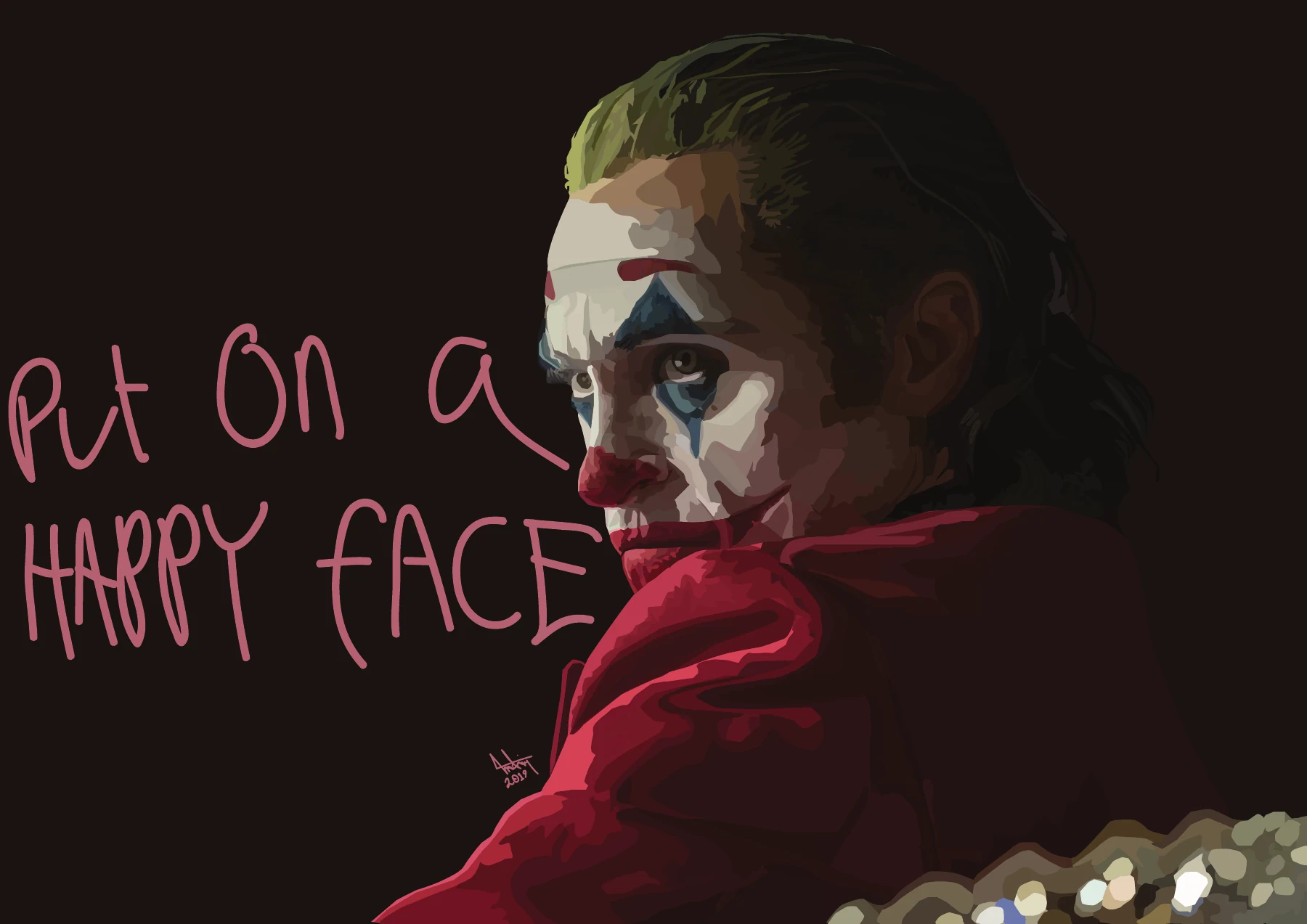 Dark portrait illustration of the Joker with pink lettering placed beside the figure.
