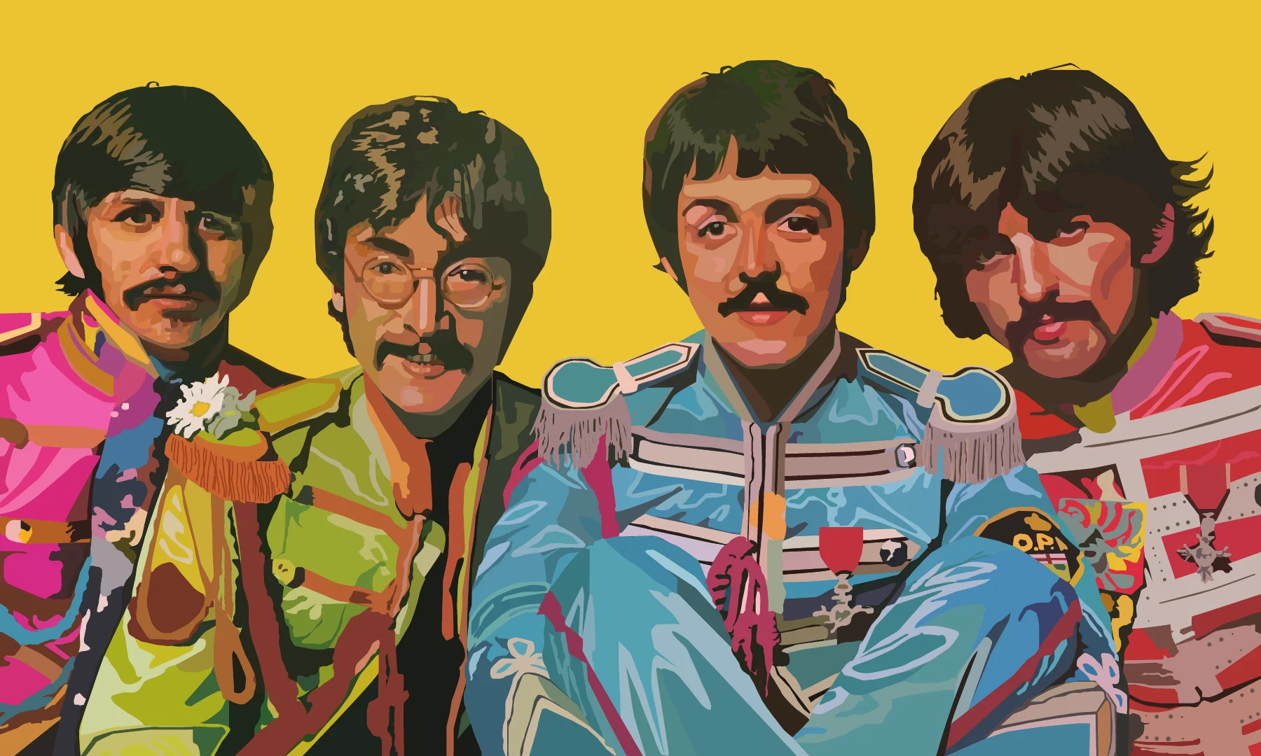 Illustrated Beatles group portrait in colourful Sgt. Pepper uniforms against yellow.